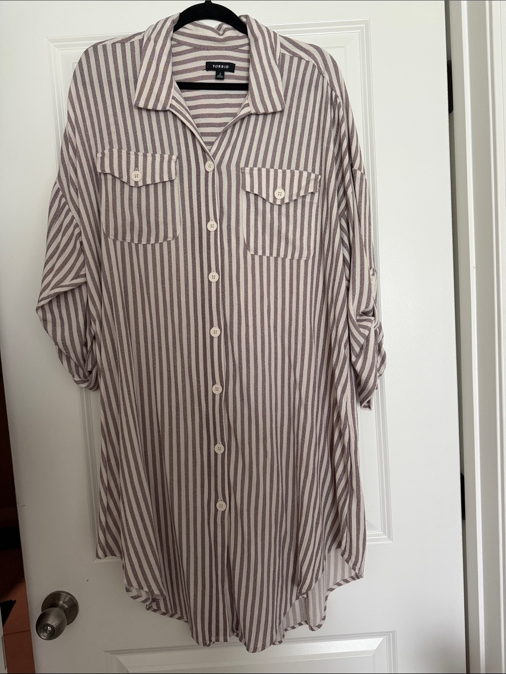 torrid taupe and white Vertical Stripe Button-Front Shirt